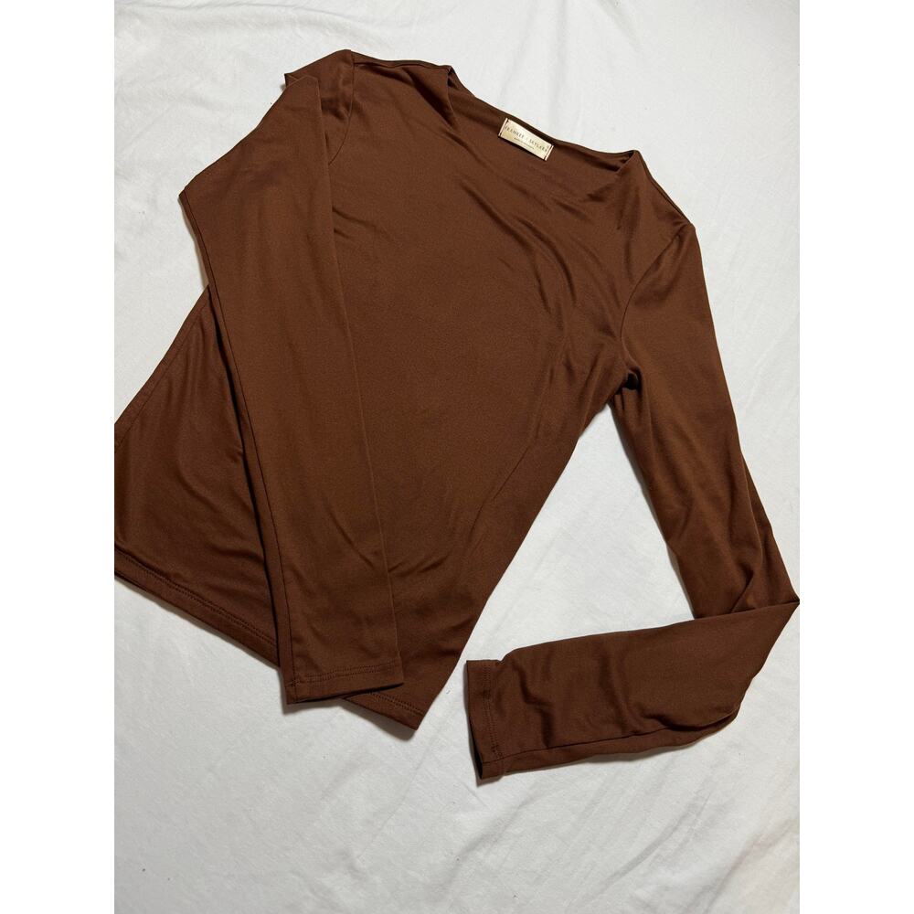 Frankee & Skylarr Brown Stretch Long Sleeve Fitted Top Small Scoop Neck - Picture 3 of 6
